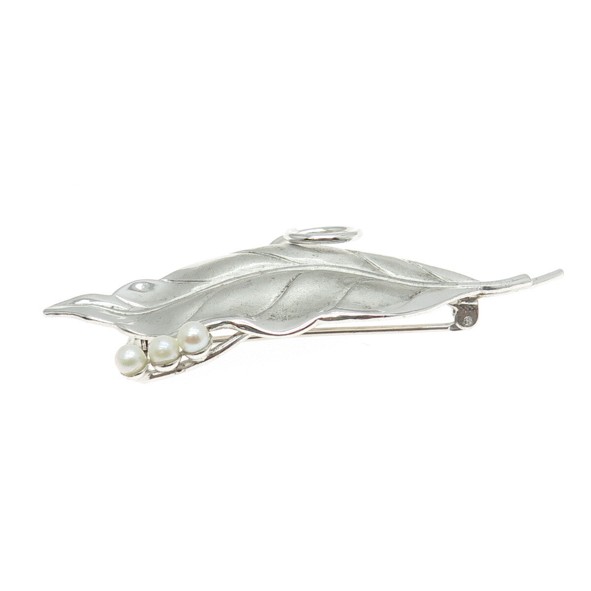 CARL ART 925 Sterling Silver Vintage Real Pearl Laurel Leaf Modernist Pin Brooch