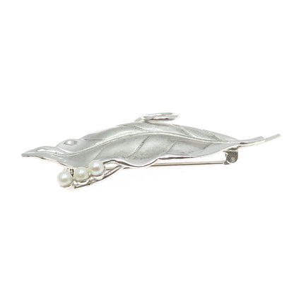 CARL ART 925 Sterling Silver Vintage Real Pearl Laurel Leaf Modernist Pin Brooch