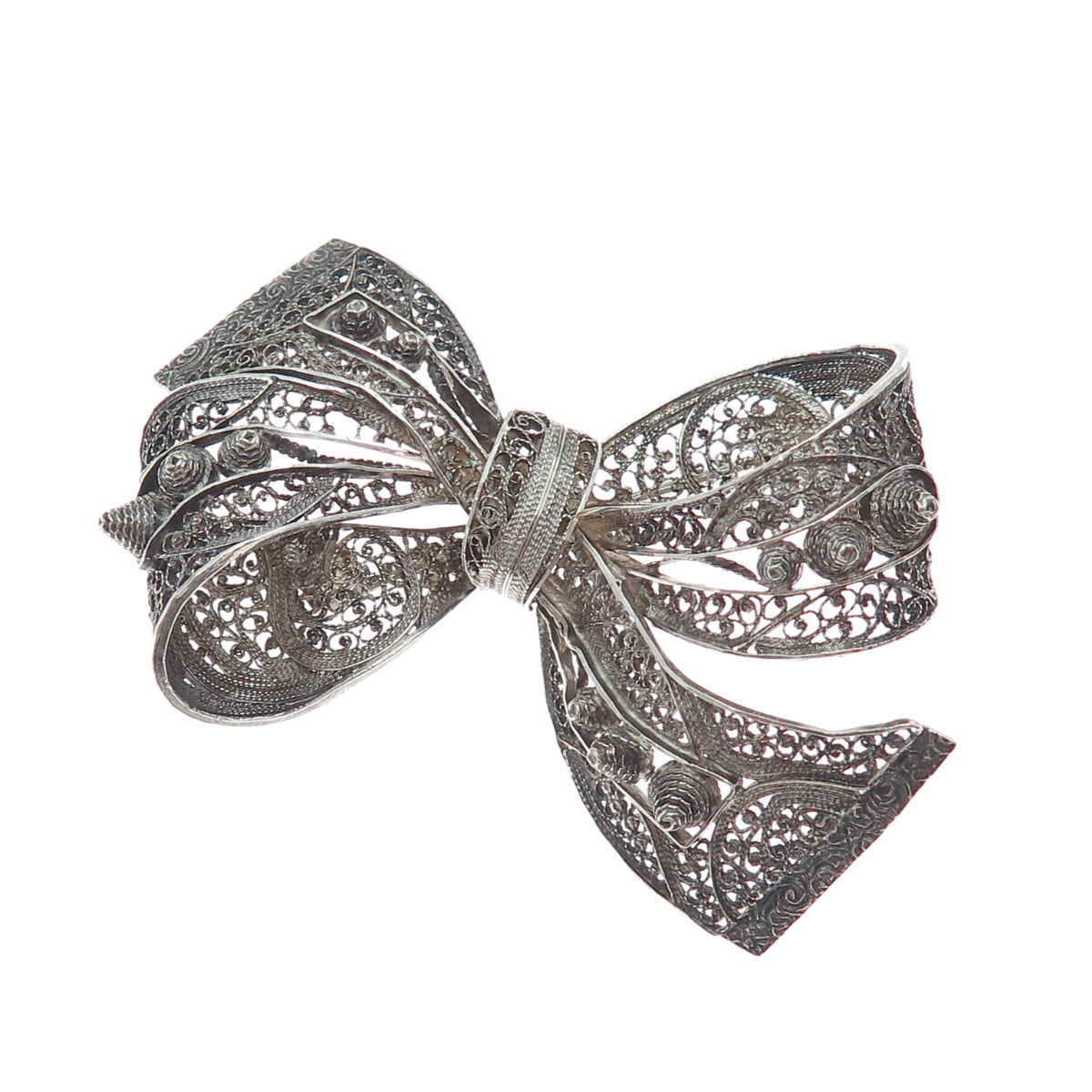 835 Silver Antique Sweden Filigree Ribbon Bow Oxidized Pin Brooch