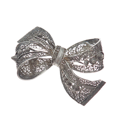 835 Silver Antique Sweden Filigree Ribbon Bow Oxidized Pin Brooch