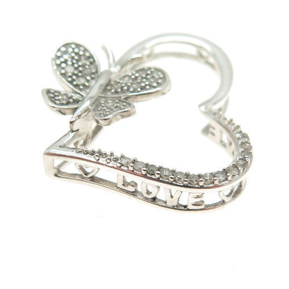 925 Sterling Silver Real Round-Cut Diamond Heart Butterfly Slide Pendant