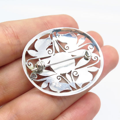 925 Sterling Silver Vintage Real Black Onyx Gemstone Ornate Leaf Pin Brooch