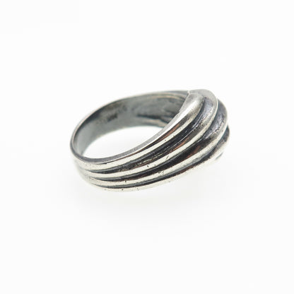 925 Sterling Silver Vintage Modernist Ribbed Bypass Oxidized Ring Size 7