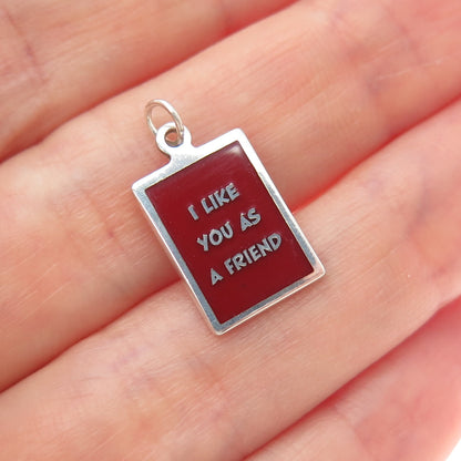 925 Sterling Silver Red Enamel I Like You As A Friend Minimalist Charm Pendant