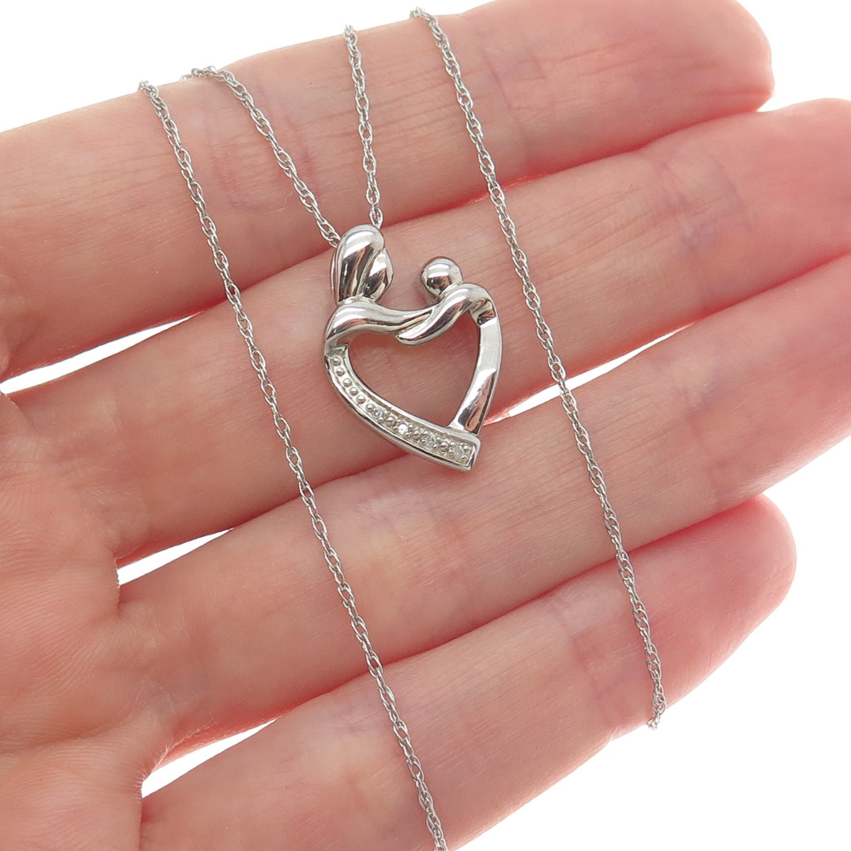 925 Sterling Silver Real Diamond Mom & Child Heart Singapore Chain Necklace 18"