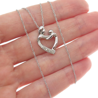 925 Sterling Silver Real Diamond Mom & Child Heart Singapore Chain Necklace 18"