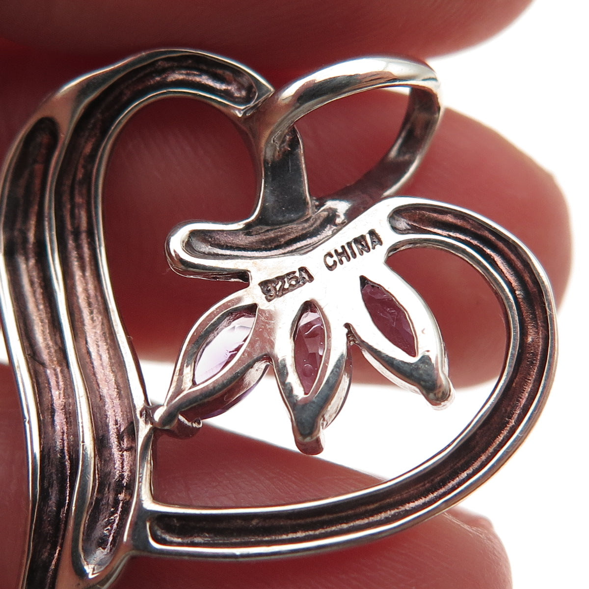 925 Sterling Silver Vintage Real Marquise-Cut Amethyst Heart Charm Pendant