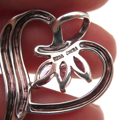 925 Sterling Silver Vintage Real Marquise-Cut Amethyst Heart Charm Pendant