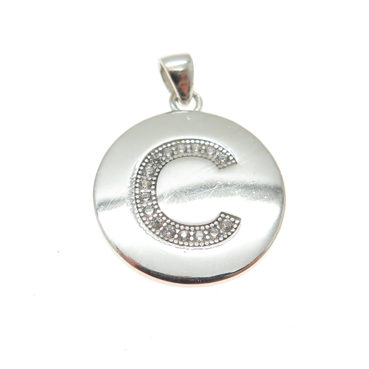 925 Sterling Silver Round-Cut C Z Letter "C" Initial Minimalist Charm Pendant