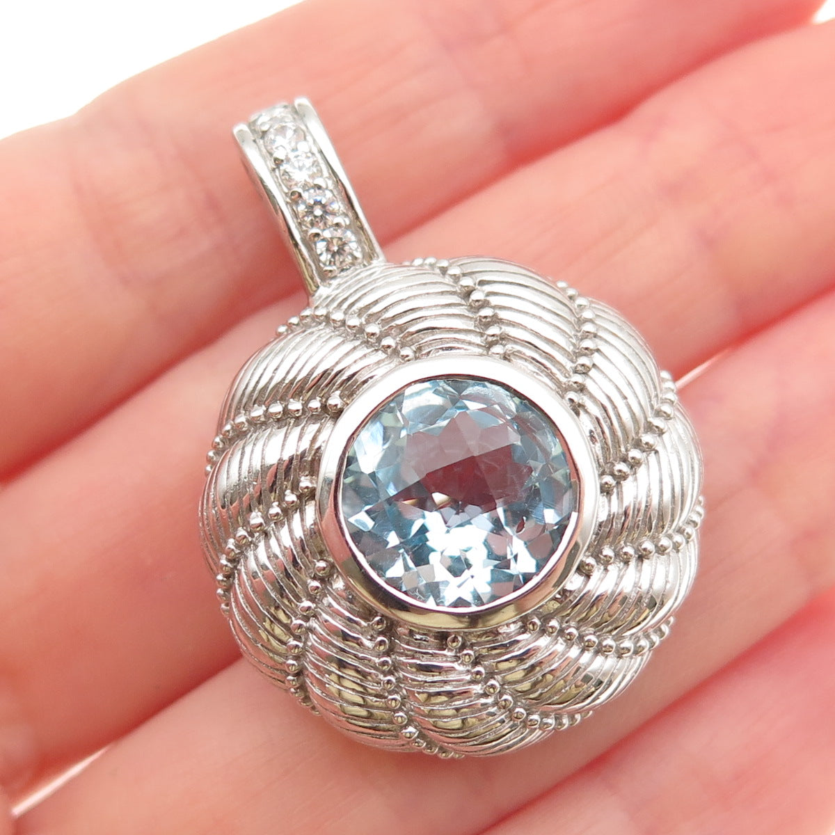 Judith Ripka 925 Sterling Silver Real Blue Topaz & C Z Round Disc Pendant