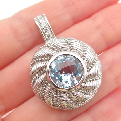 Judith Ripka 925 Sterling Silver Real Blue Topaz & C Z Round Disc Pendant