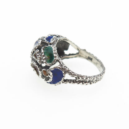 925 Sterling Silver Vintage Enamel Modernist Oxidized Ring Size 6
