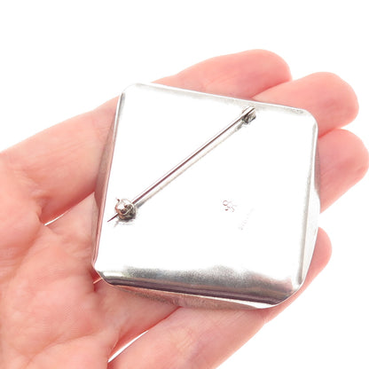 925 Sterling Silver Vintage Modernist Floral Oxidized Large Pin Brooch