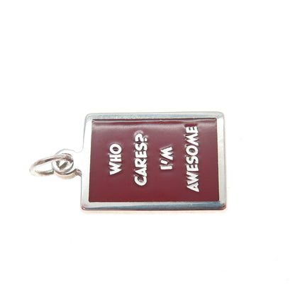 925 Sterling Silver Red Enamel Who Cares? I'm Awesome Minimalist Charm Pendant