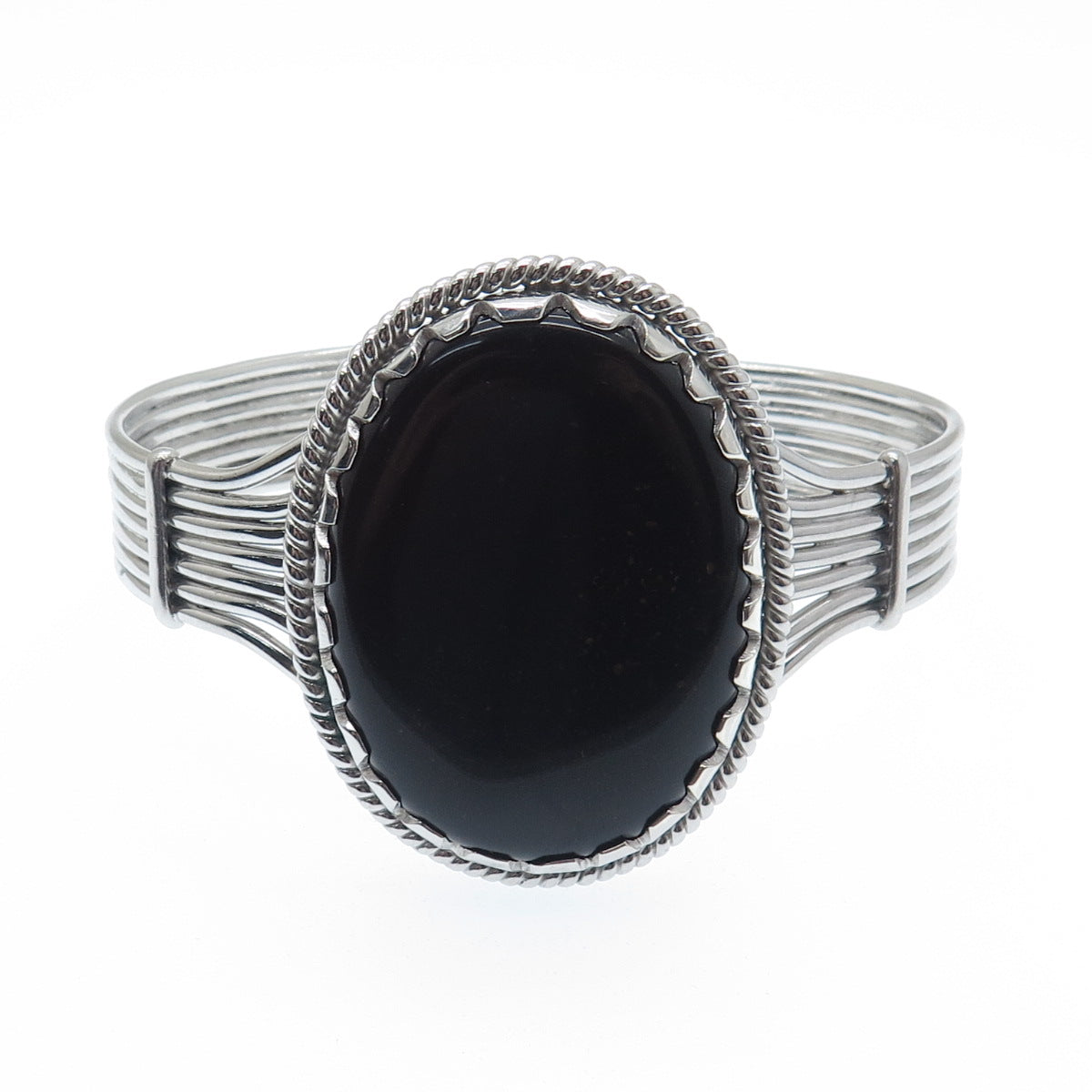 TAHARA 925 Sterling Silver Vintage Real Black Agate Adjustable Bracelet 7.75"