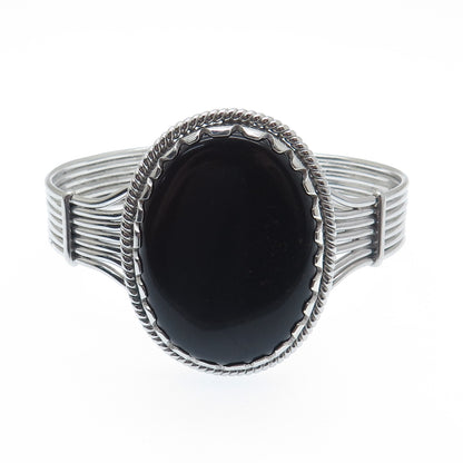 TAHARA 925 Sterling Silver Vintage Real Black Agate Adjustable Bracelet 7.75"