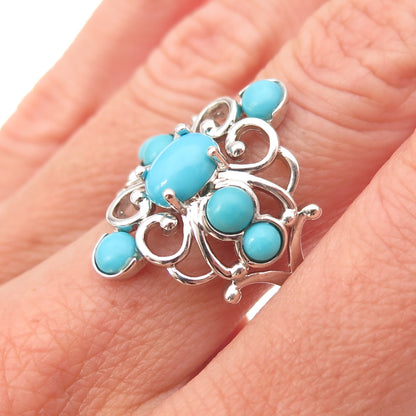 925 Sterling Silver Real Sleeping Beauty Turquoise Floral Cross Ring Size 8