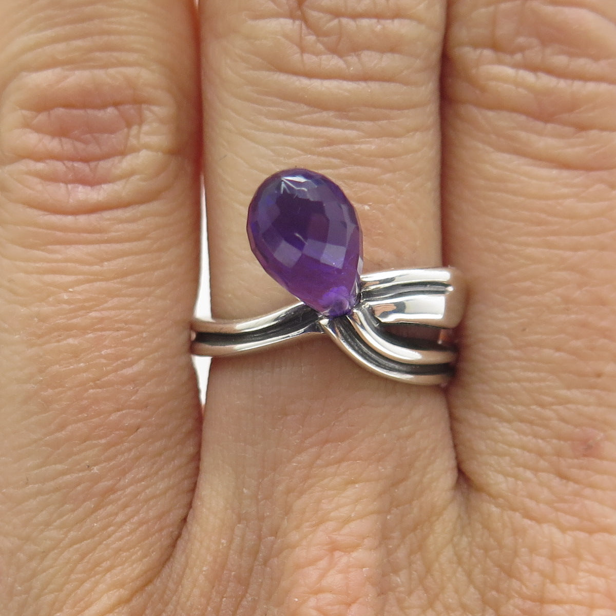 925 Sterling Silver Real Checkered Amethyst Gemstone Modernist Ring Size 6.75
