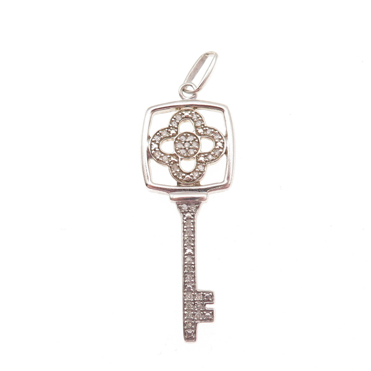 925 Sterling Silver Real Round-Cut Diamond Floral Key Charm Pendant
