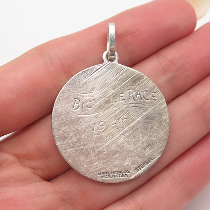 925 Sterling Silver Antique Enamel Klimpl Medal Co.BHS Bicycle Race 1924 Pendant