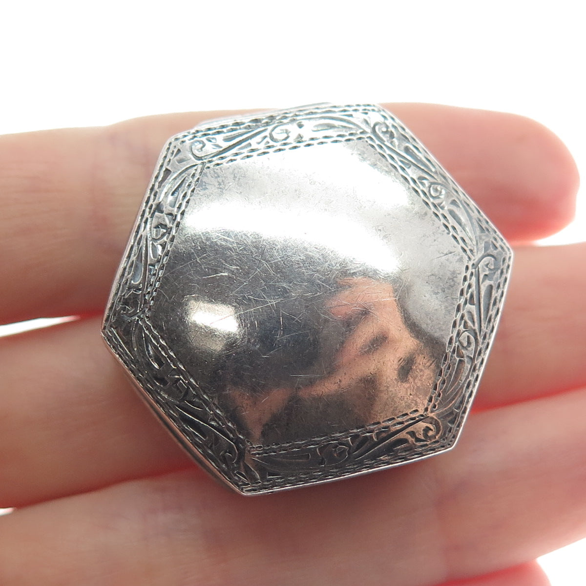 925 Sterling Silver Vintage Engraved Hexagon Oxidized Pill / Snuff Box