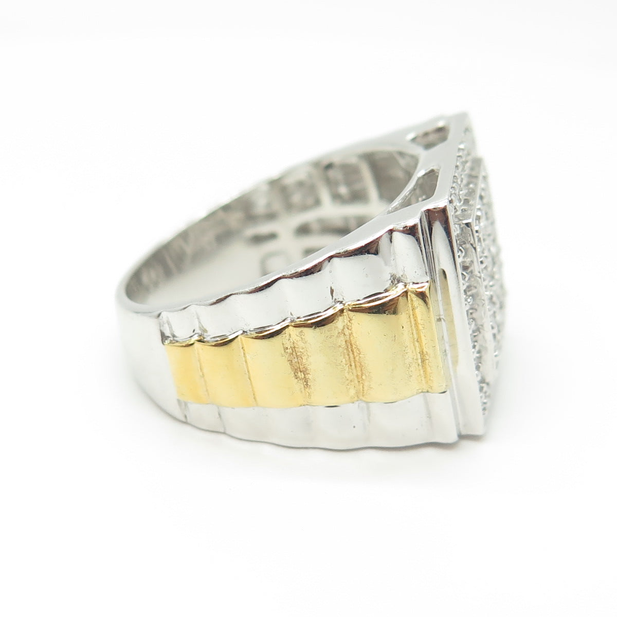 925 Sterling Silver 2-Tone Real White Topaz Gemstone Ring Size 10.25