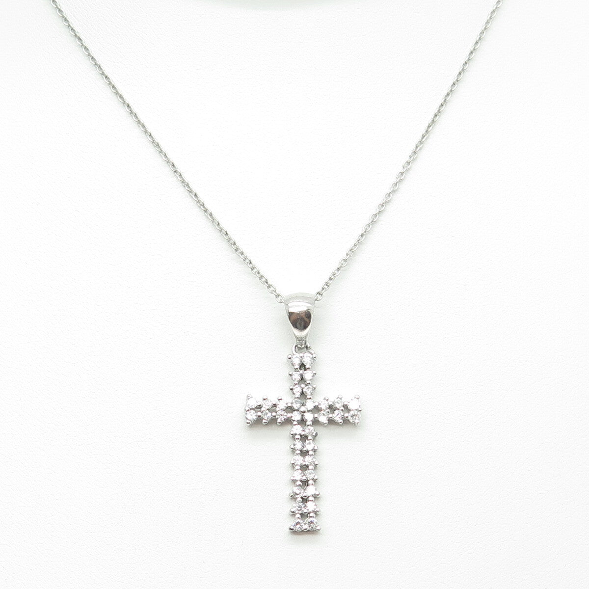 925 Sterling Silver Italy Round-Cut C Z Sparkle Cross Cable Chain Necklace 16"