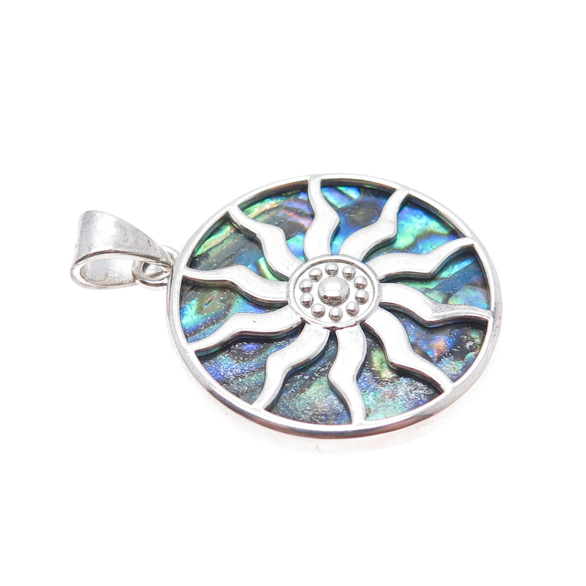 925 Sterling Silver Vintage Real Abalone Shell Sun Pendant