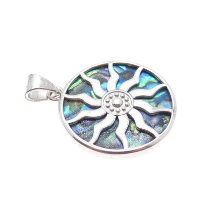 925 Sterling Silver Vintage Real Abalone Shell Sun Pendant
