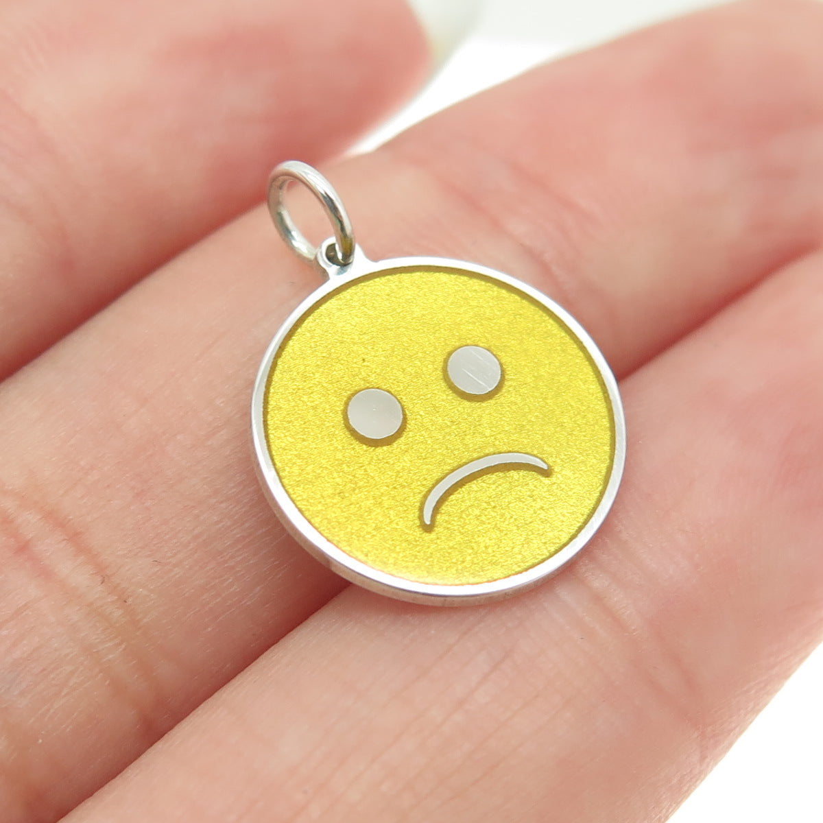 925 Sterling Silver Yellow Enamel Sad Face Emoji Minimalist Charm Pendant