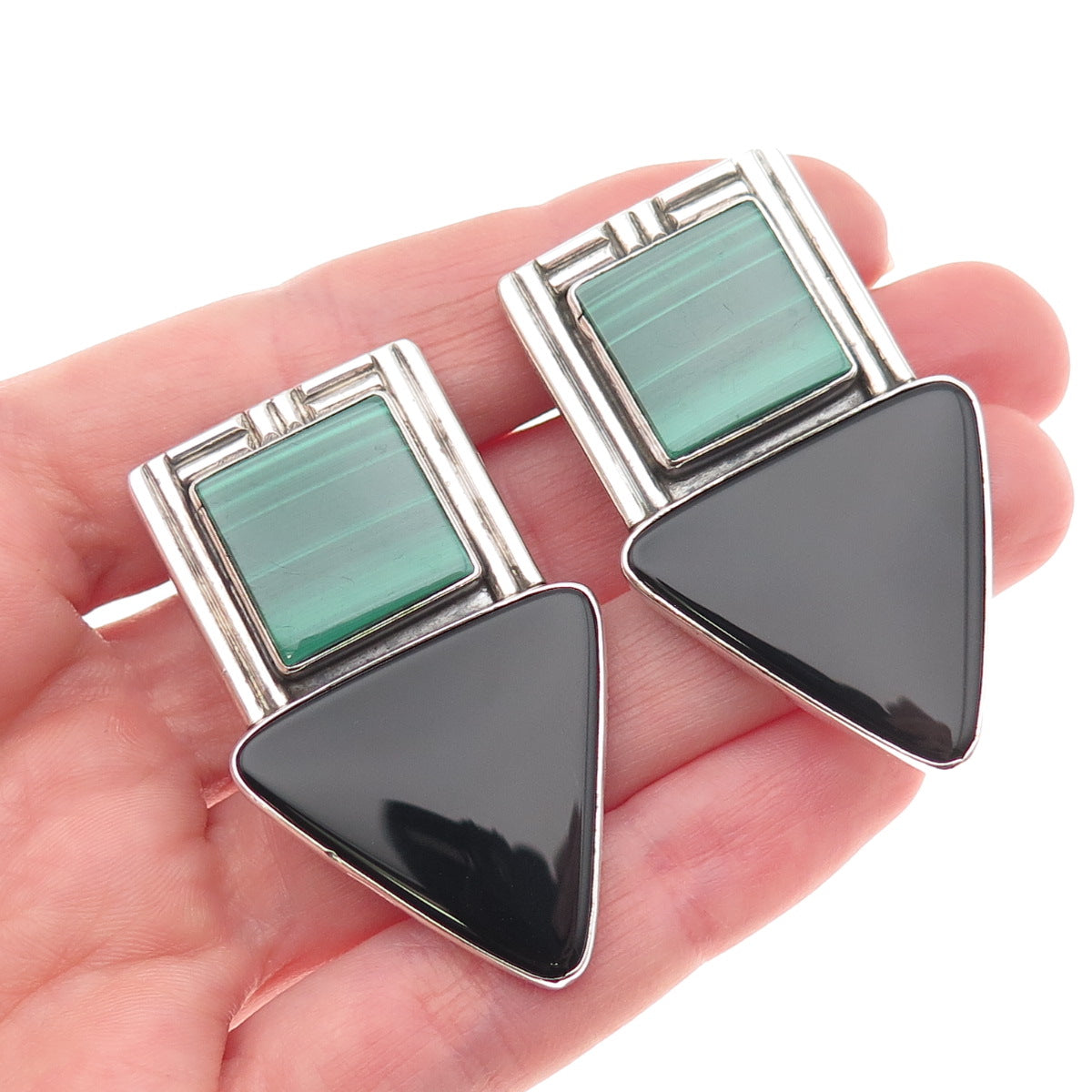 Sam Lovato Christopher's Old Pawn Sterling 1991 Malachite Onyx Clip On Earrings