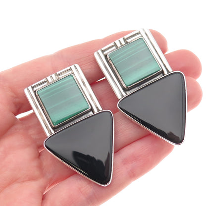 Sam Lovato Christopher's Old Pawn Sterling 1991 Malachite Onyx Clip On Earrings