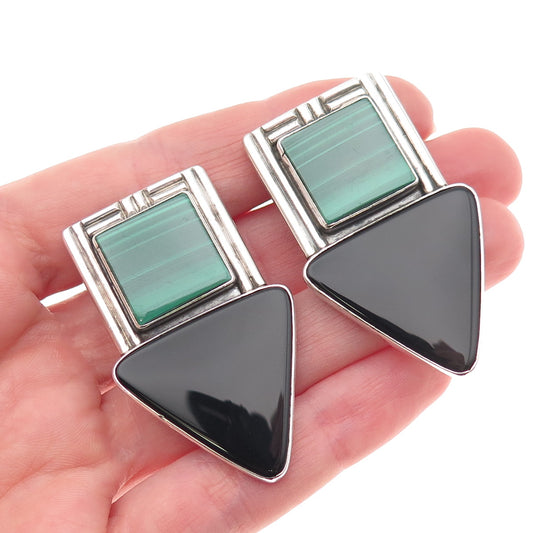 Sam Lovato Christopher's Old Pawn Sterling 1991 Malachite Onyx Clip On Earrings
