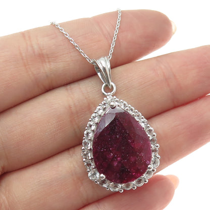 925 Sterling Silver Pear-Cut Ruby & White Topaz Gem Cable Chain Necklace 18"