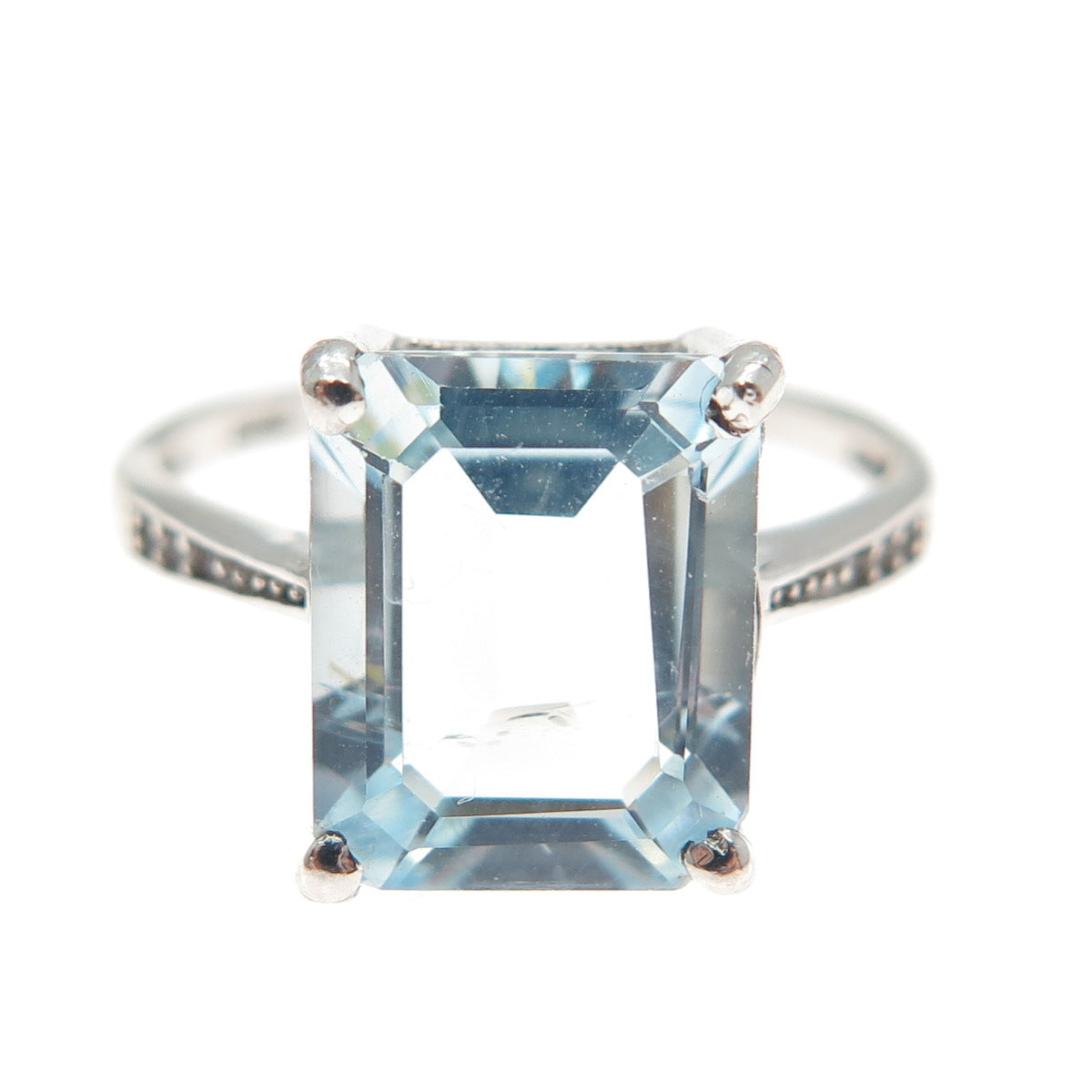 925 Sterling Silver Real Emerald-Cut Blue & Round-Cut White Topaz Ring Size 6.5