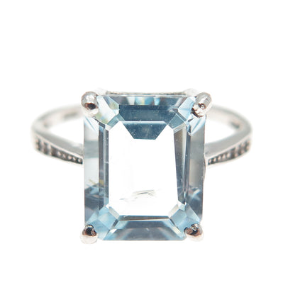 925 Sterling Silver Real Emerald-Cut Blue & Round-Cut White Topaz Ring Size 6.5