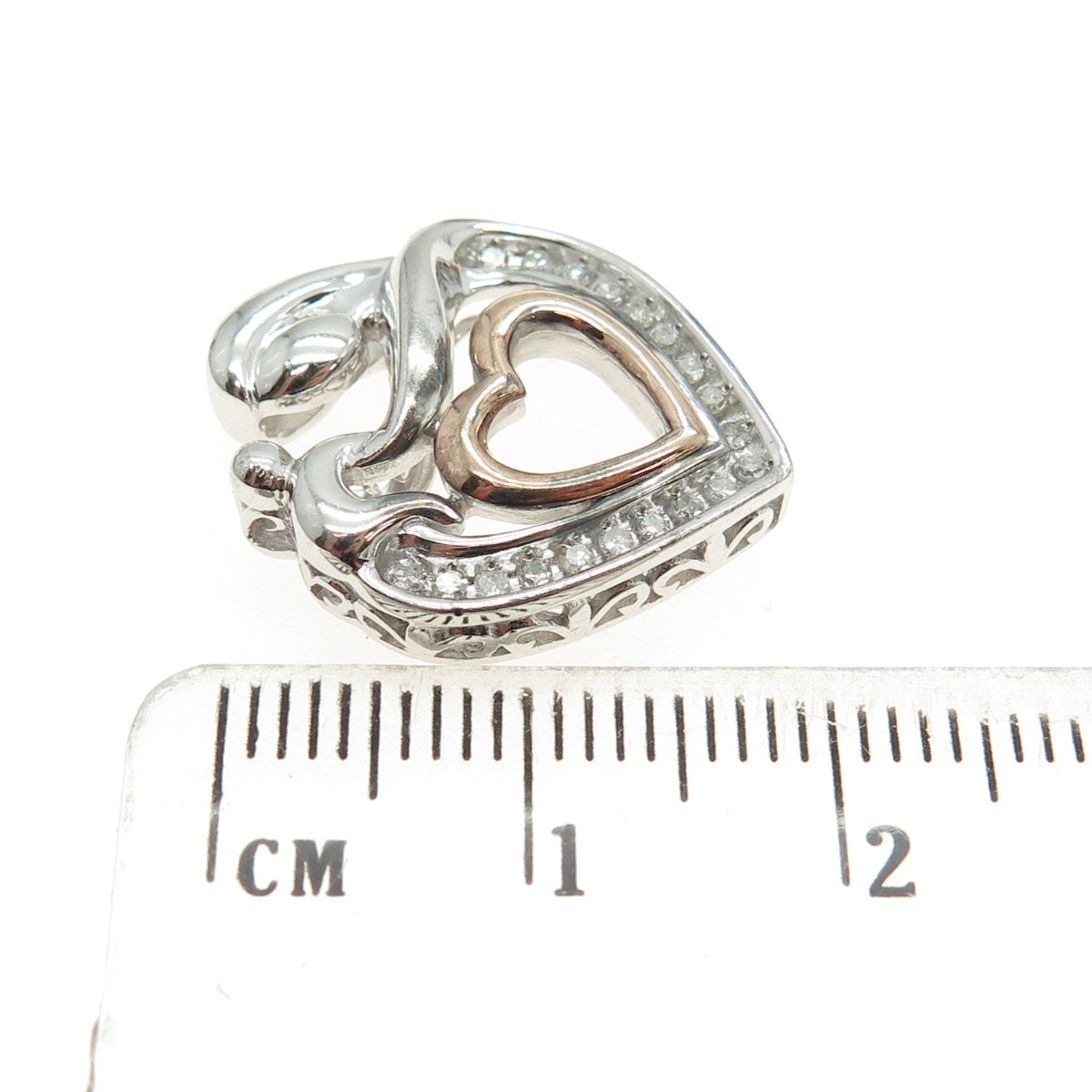 SUN 925 Sterling Silver & 14K Rose Gold Diamond Mom & Child Heart Slide Pendant