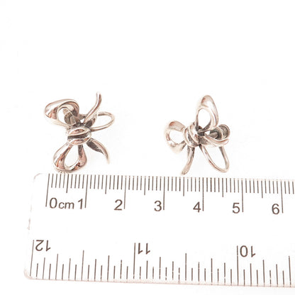 925 Sterling Silver Antique Art Deco Ribbon Bow Oxidized Screw Back Earrings