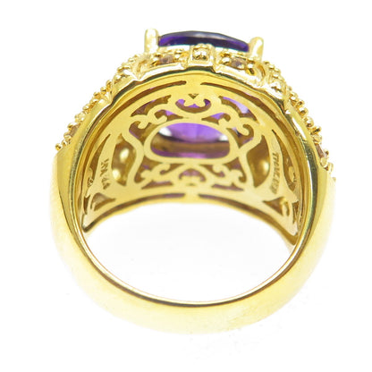 925 Sterling Silver Gold Plated Real Diamond Amethyst & Citrine Gem Ring Size 6