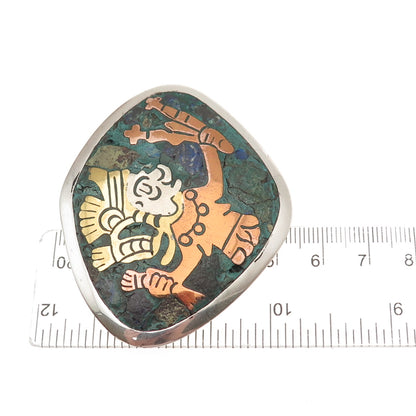 Los Ballesteros 925 Sterling 3-Tone Vintage Mexico Real Azurite Warrior Brooch