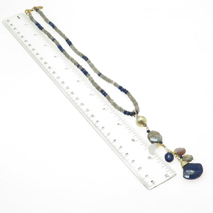 925 Sterling Silver Gold Plated Real Labradorite Lapis & MOP Beaded Necklace 18"