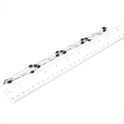 DSMK 925 Sterling Silver Real Oval-Cut Sapphire Station Chain Necklace 36"