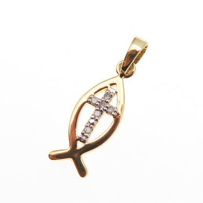 925 Sterling Silver Gold Plated Real Diamond Cross Ichthys Mini Charm Pendant