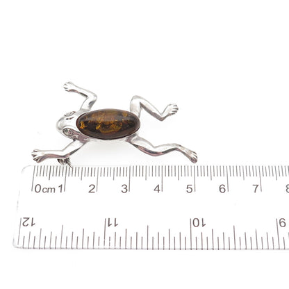 925 Sterling Silver Vintage Real Amber Frog For Good Luck Pin Brooch