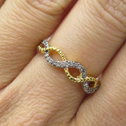 925 Sterling Silver Gold Plated Real White Diamond Infinity Ring Size 7.25