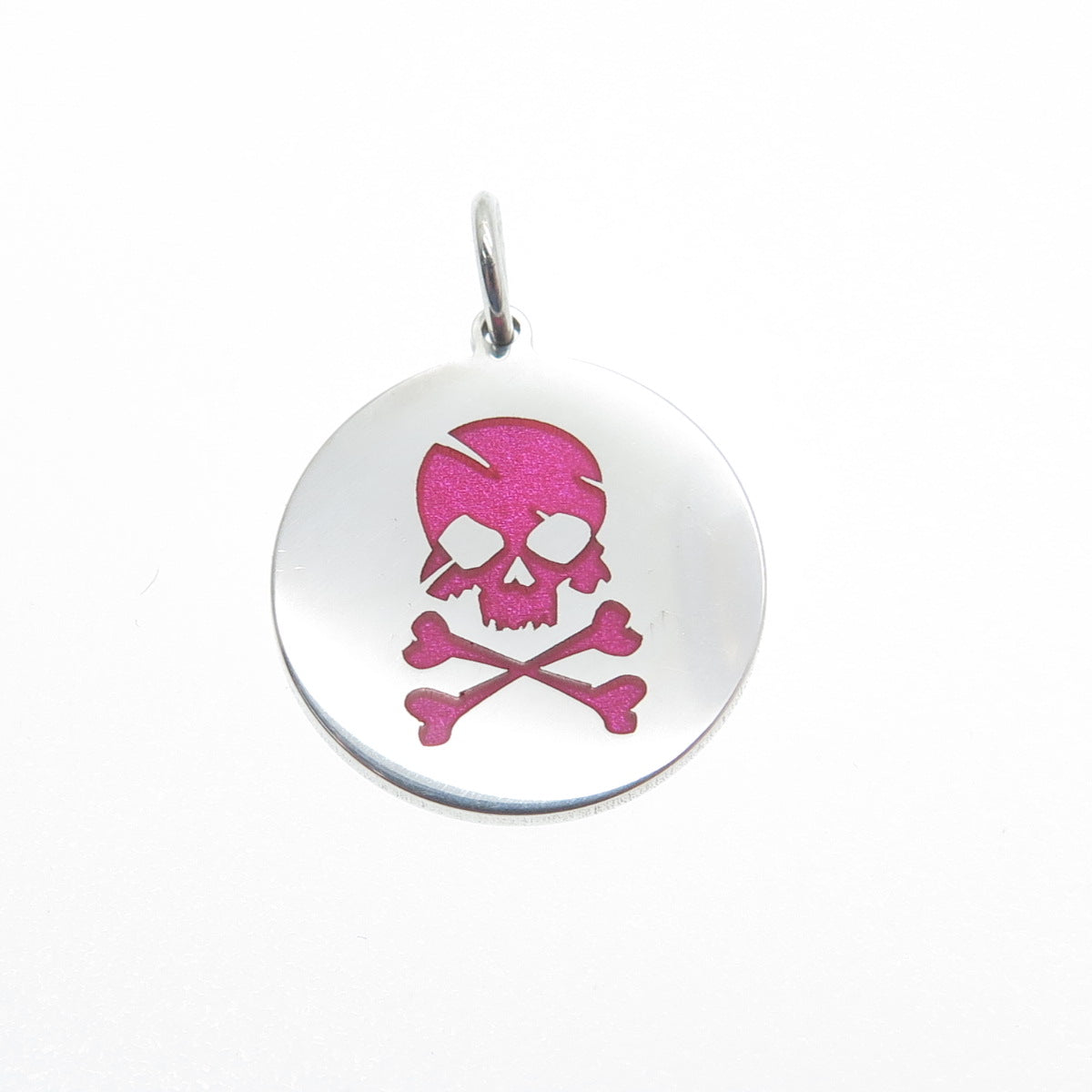 925 Sterling Silver Pink Enamel Skull & Bones Round Minimalist Charm Pendant