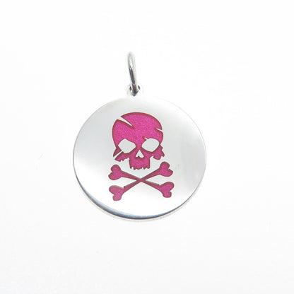 925 Sterling Silver Pink Enamel Skull & Bones Round Minimalist Charm Pendant