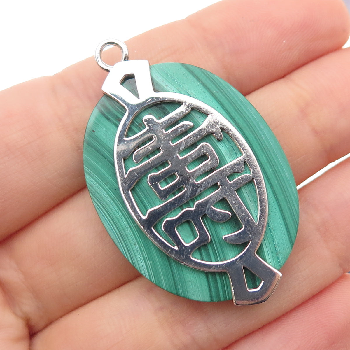 925 Sterling Silver Real Diamond & Malachite Longevity Chinese Character Pendant