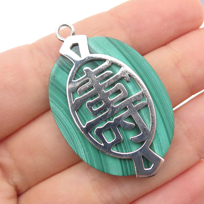 925 Sterling Silver Real Diamond & Malachite Longevity Chinese Character Pendant
