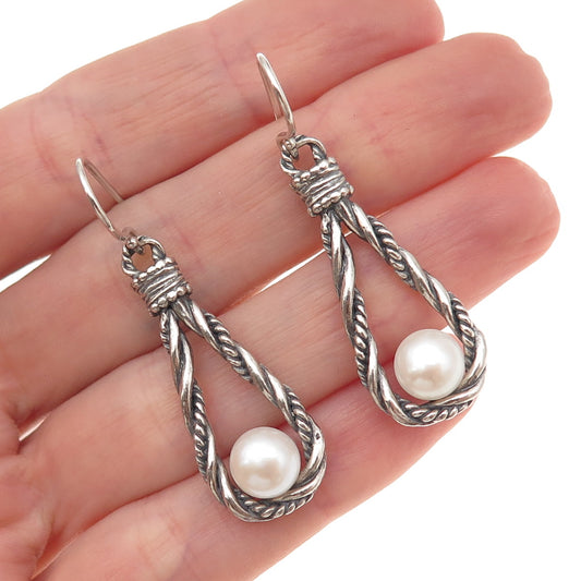 925 Sterling Silver Vintage Real Pearl Twisted Teardrop Oxidized Dangle Earrings